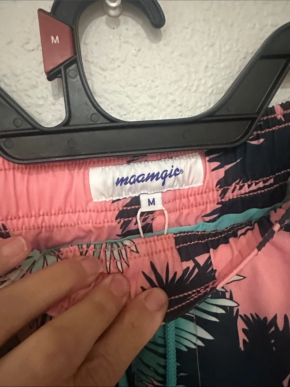 Men's Coral Palm-Print Swim Trunks with Teal Drawstring